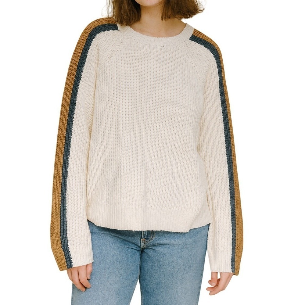 Sanctuary Ribbed Knit Sweater Women 3X Cream Navy Brown Retro Striped Sleeve NWT